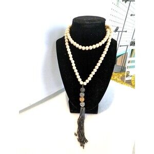 White Beads Necklace Black, Gray, Gold and Rhinestone Beads and Chain Tassel